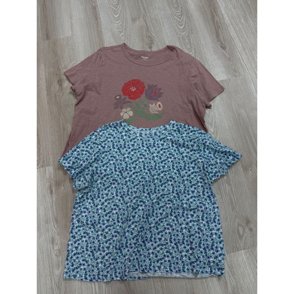 Old Navy Everywear T-Shirt Bundle XL Mauve Floral Blue Ditsy Cotton 2 Pack